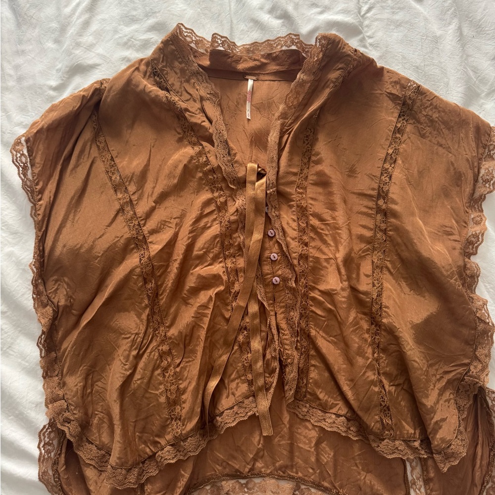 Free People Brown Lace Trim Women's Top